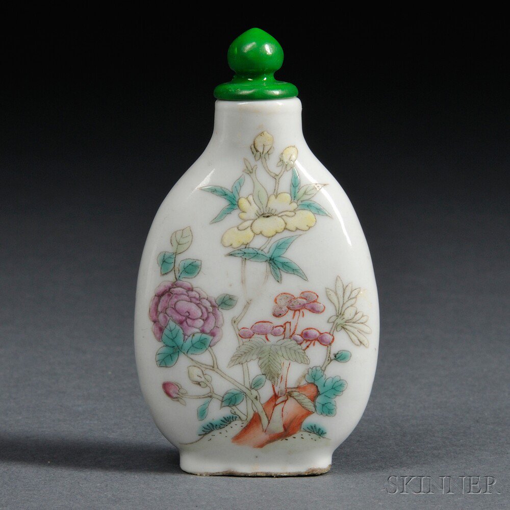 Appraisal: Enameled White Porcelain Snuff Bottle China th th century ovoid