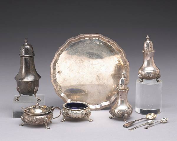 Appraisal: A group of English silver table items Comprising tripod salver