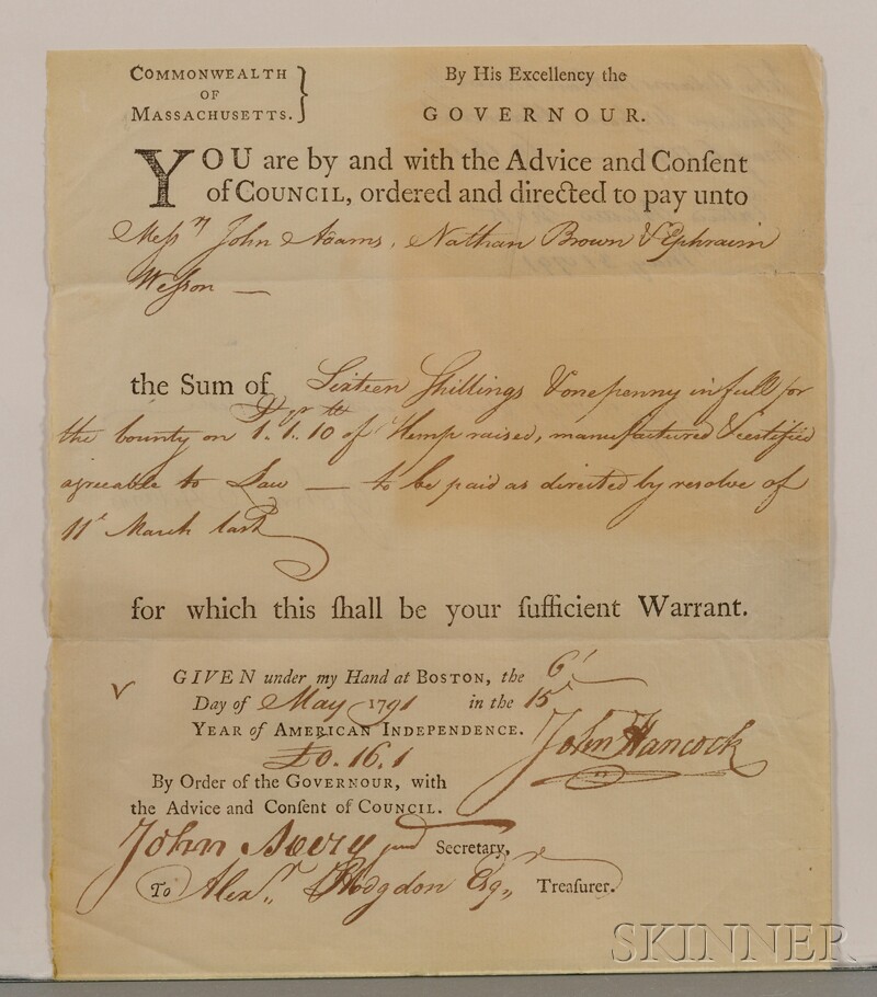 Appraisal: Hancock John - Signed document one page May th as