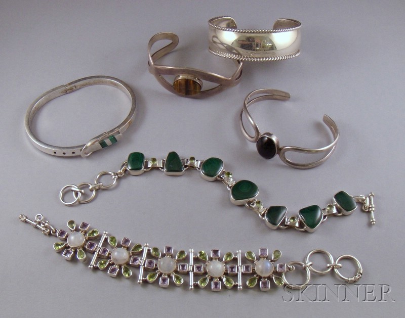 Appraisal: Three Mexican Sterling Silver and Hardstone Bracelets and Three Other