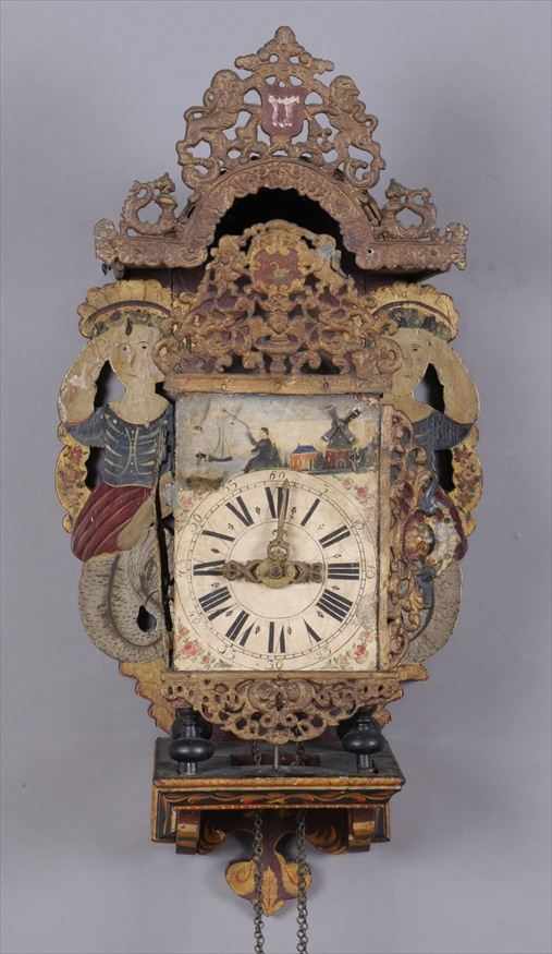 Appraisal: DUTCH GILT-METAL MOUNTED PAINTED WOOD WALL CLOCK The painted dial