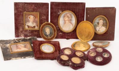 Appraisal: A group of portrait miniatures and hand tinted photographs sitters