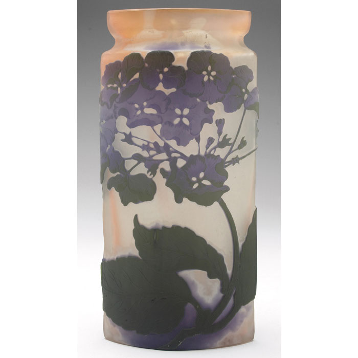 Appraisal: Galle vase cameo cut purple hydrangea sprays and green leaves