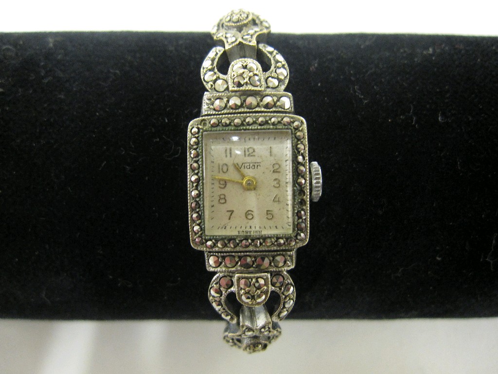 Appraisal: Stainless steel and marcasite cocktail watch with later ct white