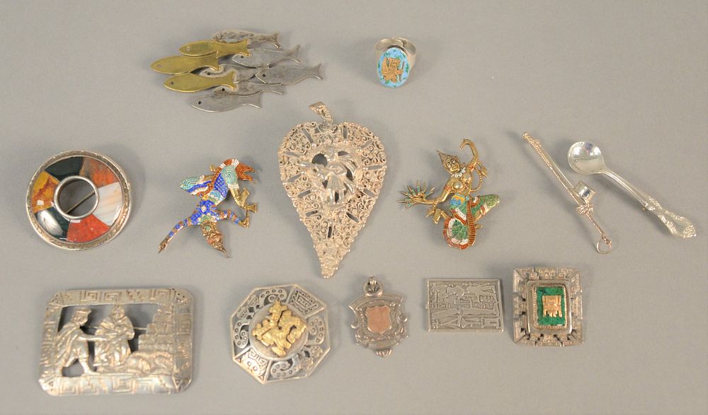 Appraisal: Ten silver pins two with enamelling one with gold mounts