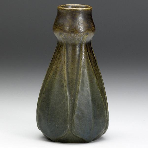 Appraisal: VAN BRIGGLE Bulbous vase embossed with leaves and covered in