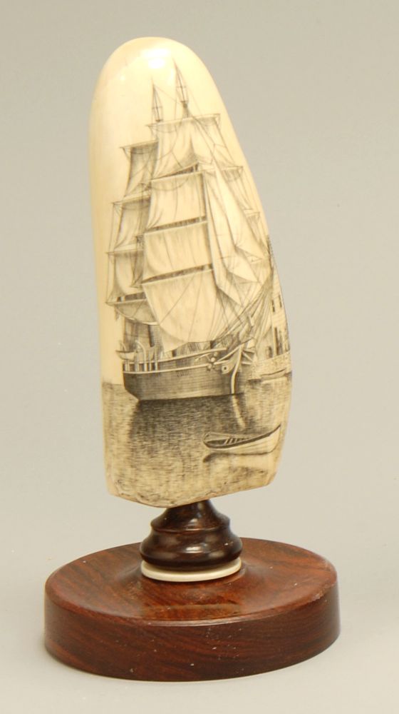 Appraisal: SCRIMSHAW WHALE'S TOOTH Signed Rashidi Exceptional contemporary work depicting the