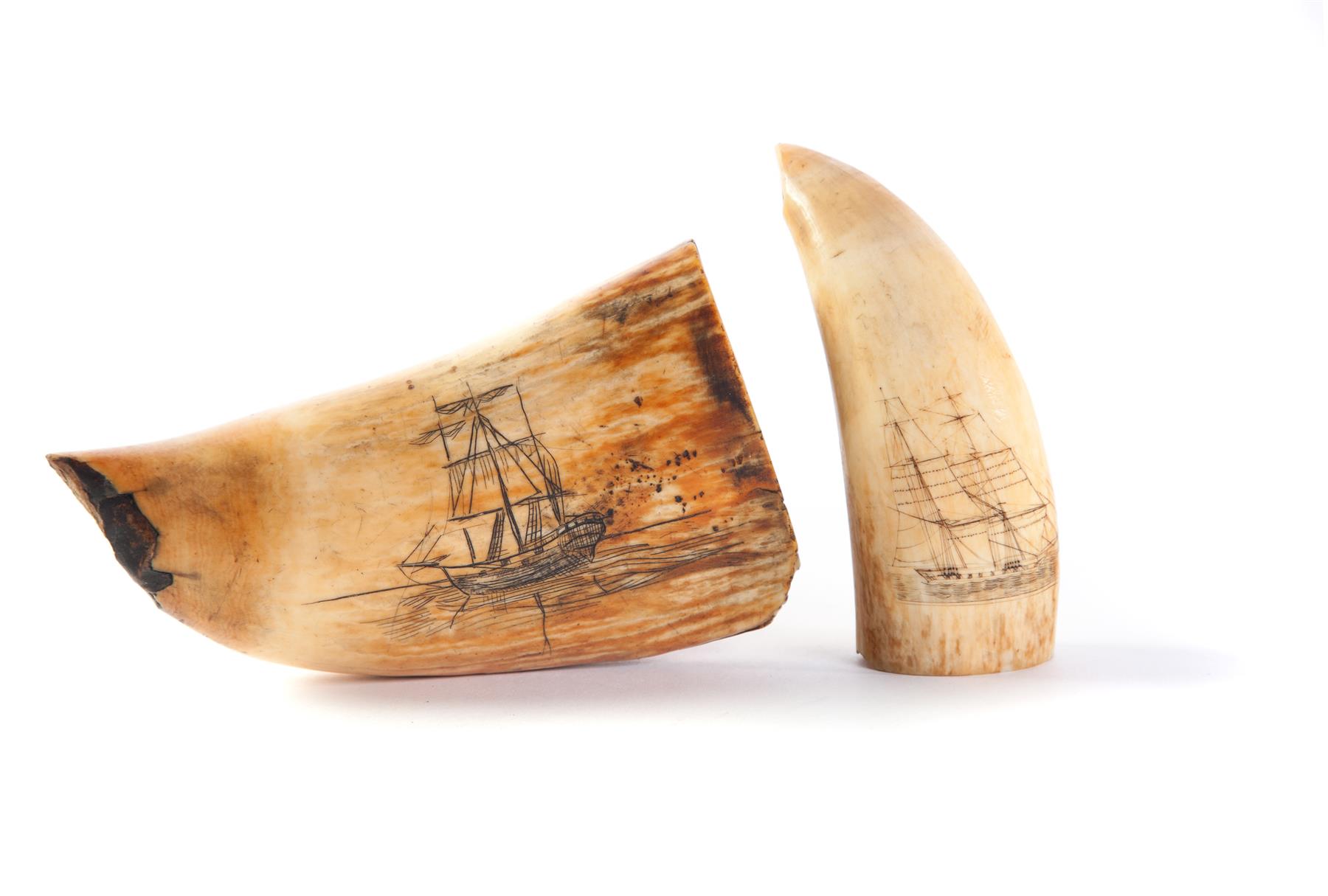 Appraisal: TWO SCRIMSHAW WHALE TEETH Mid th century Both have sailing