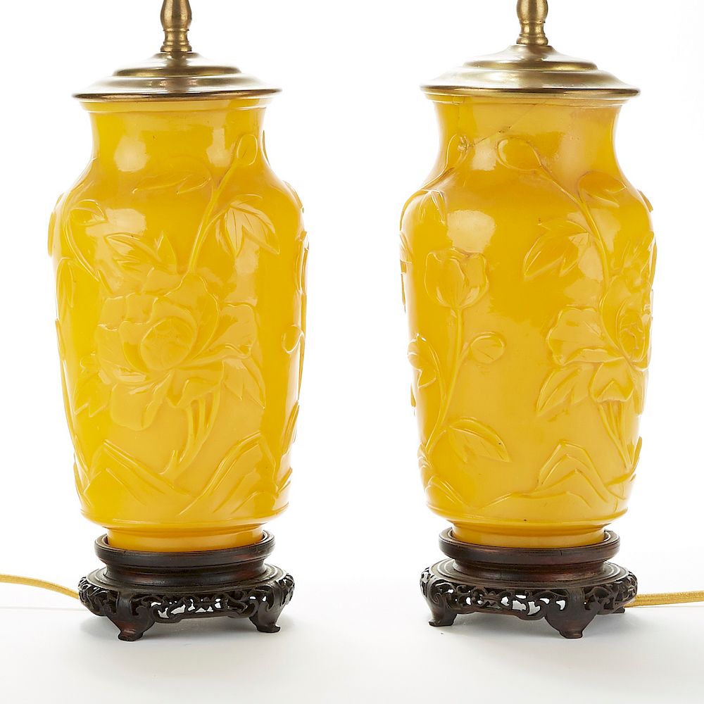 Appraisal: Pair Chinese Yellow Peking Glass Vases Mounted as Lamps Excellent