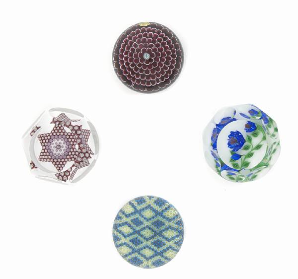 Appraisal: Four Saint Louis contemporary glass paperweights - comprising a dahlia