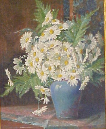 Appraisal: Oil on canvas still life of daisies and ferns in