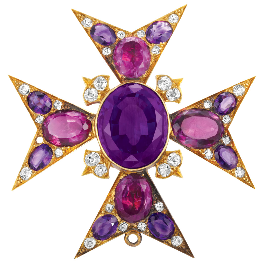 Appraisal: Antique Gold Amethyst Foiled-Back Amethyst and Diamond Maltese Cross Pendant-Brooch