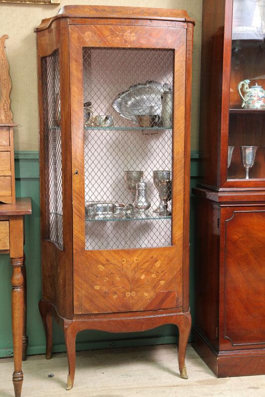 Appraisal: CHINA CABINET Rosewood veneer with floral inlay wire mesh front