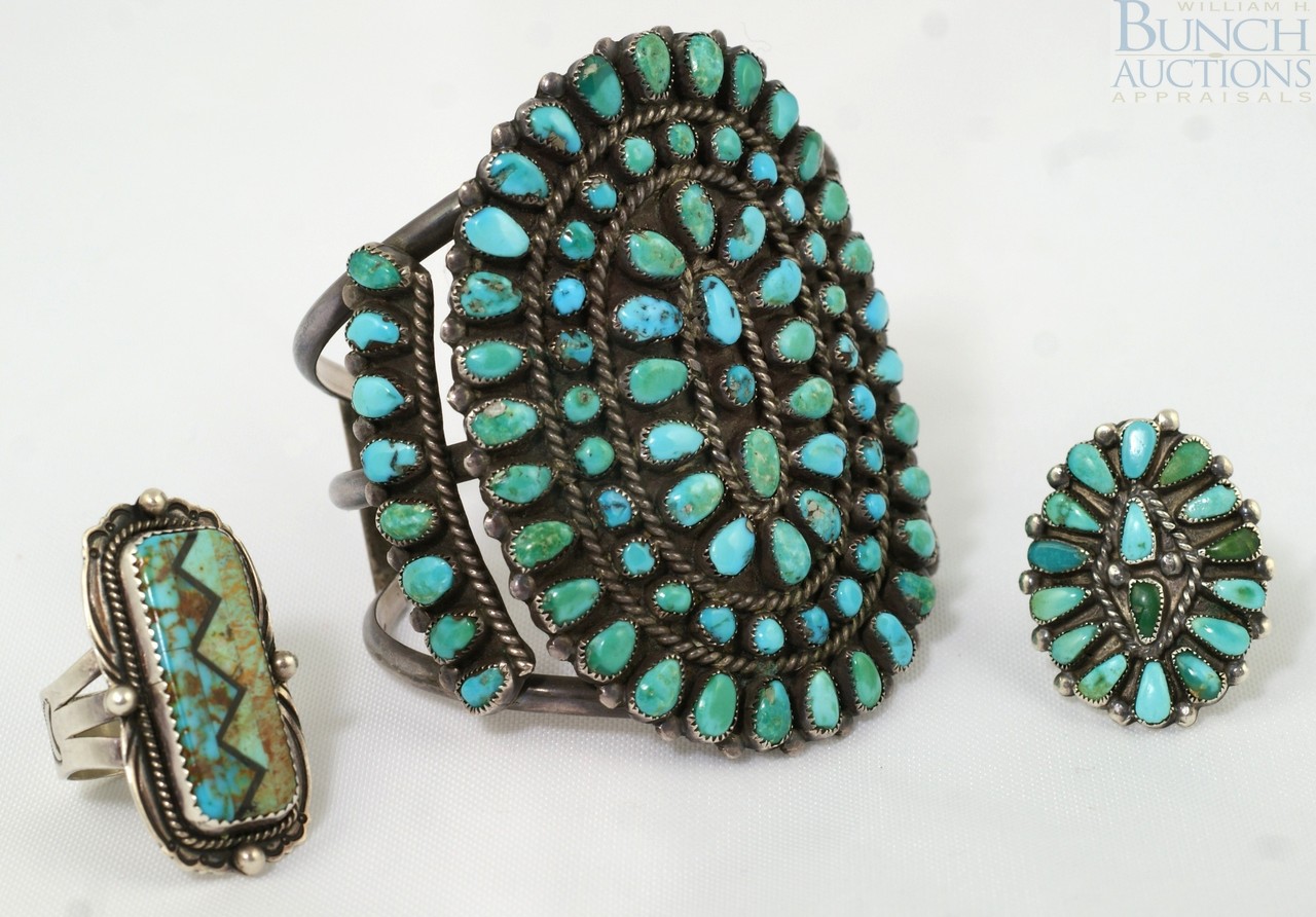 Appraisal: Zuni turquoise and unmarked silver cuff bracelet with turquoise silver