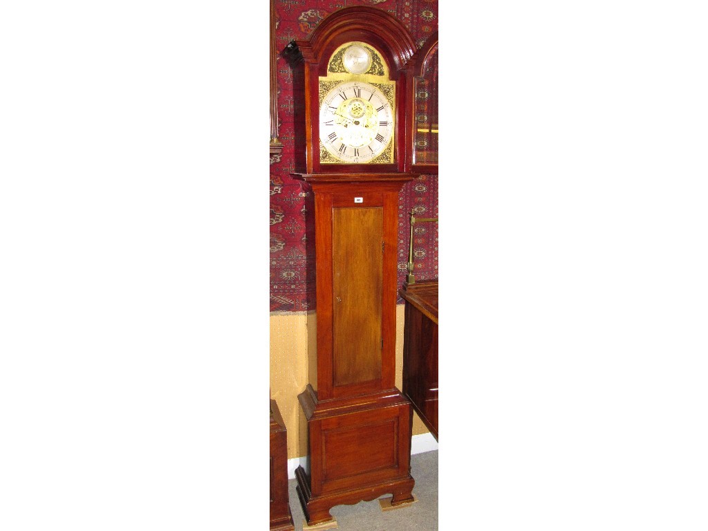 Appraisal: Mahogany longcase clock with metal dial and blind fret spandrels