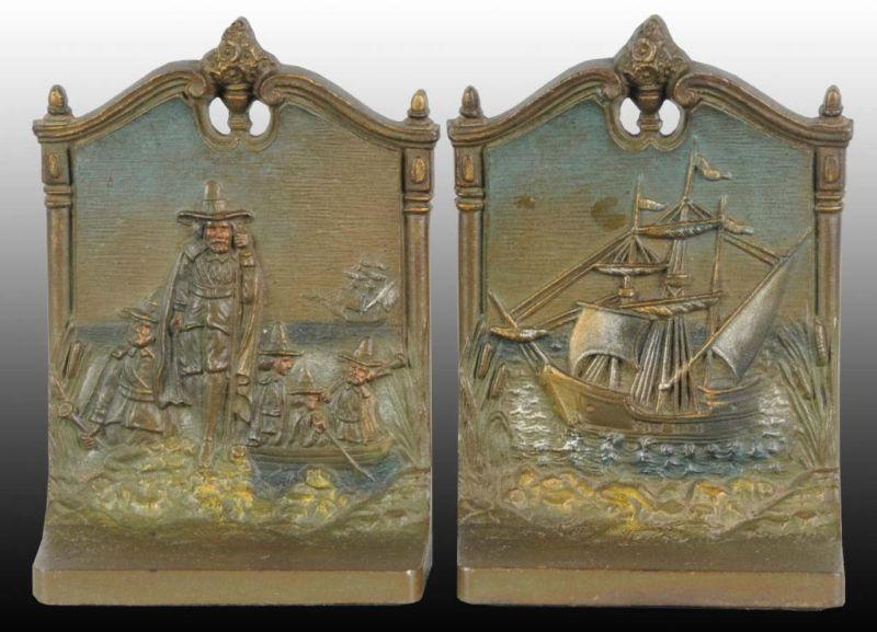 Appraisal: Pilgrim and Mayflower Ship Cast Iron Bookends Description Made by