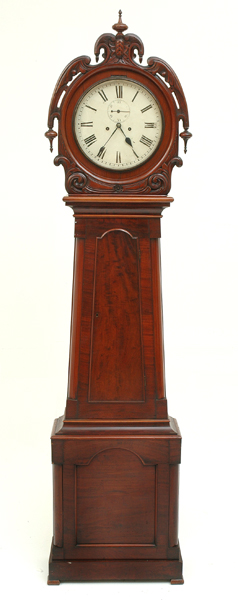 Appraisal: A TH CENTURY FLAME MAHOGANY LONGCASE CLOCK Having an eight-