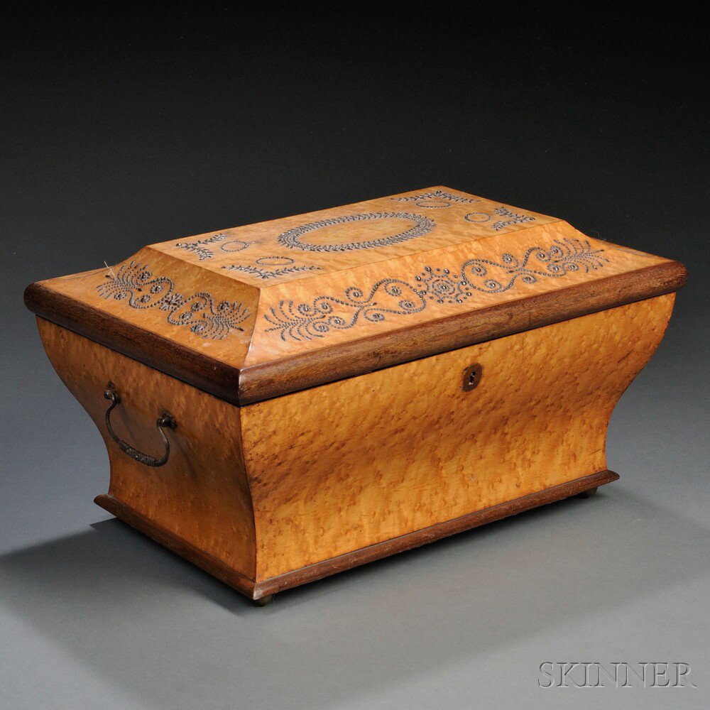 Appraisal: Cut-steel-inlaid Bird's-eye Maple Chest th century casket-form faceted steel studs