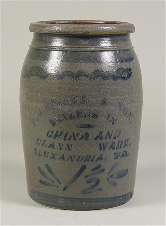 Appraisal: Stoneware Crock Late th century Freehand squiggle lines with Stencilled