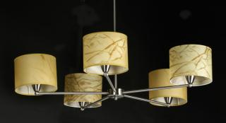 Appraisal: Contemporary chrome chandelier w parchment shades Contemporary chandelier having five