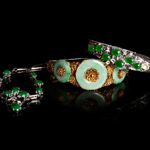 Appraisal: Three Chinese Jadeite Inset Silvered and Gilt Metal Jewelry comprising