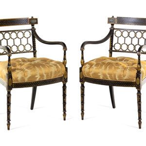 Appraisal: A Pair of Regency Style Gilt and Black Lacquered Armchairs