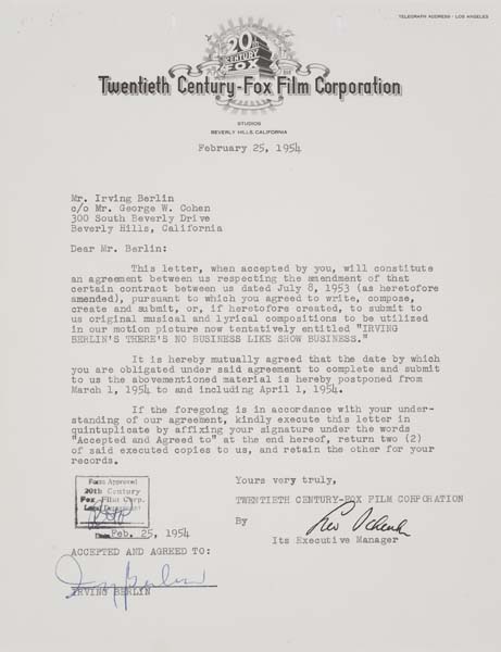 Appraisal: IRVING BERLIN Group of typed letters signed by Berlin each