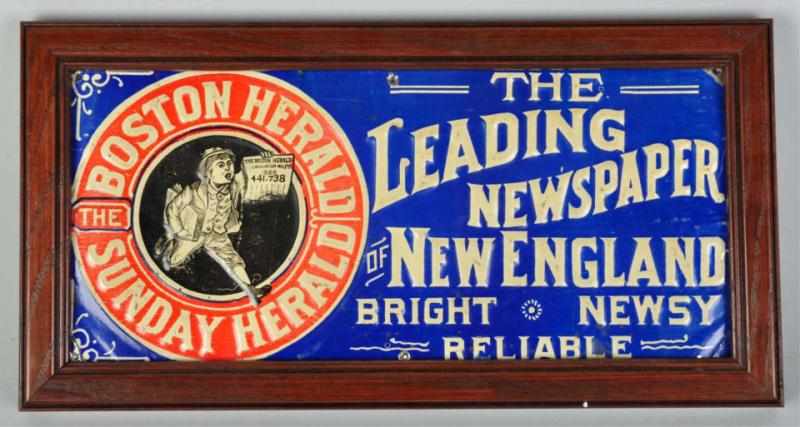 Appraisal: Embossed Tin Boston Herald Newspaper Sign Framed without glass Some