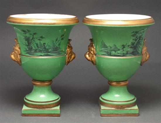 Appraisal: Pair of Samson transfer decorated porcelain urns with gilt lion