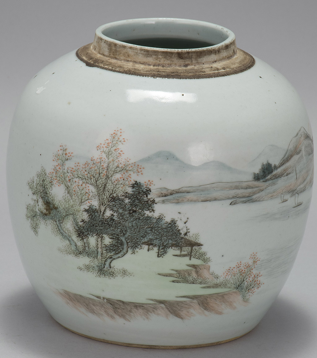 Appraisal: POLYCHROME PORCELAIN JAR Circa In ovoid form With river landscape