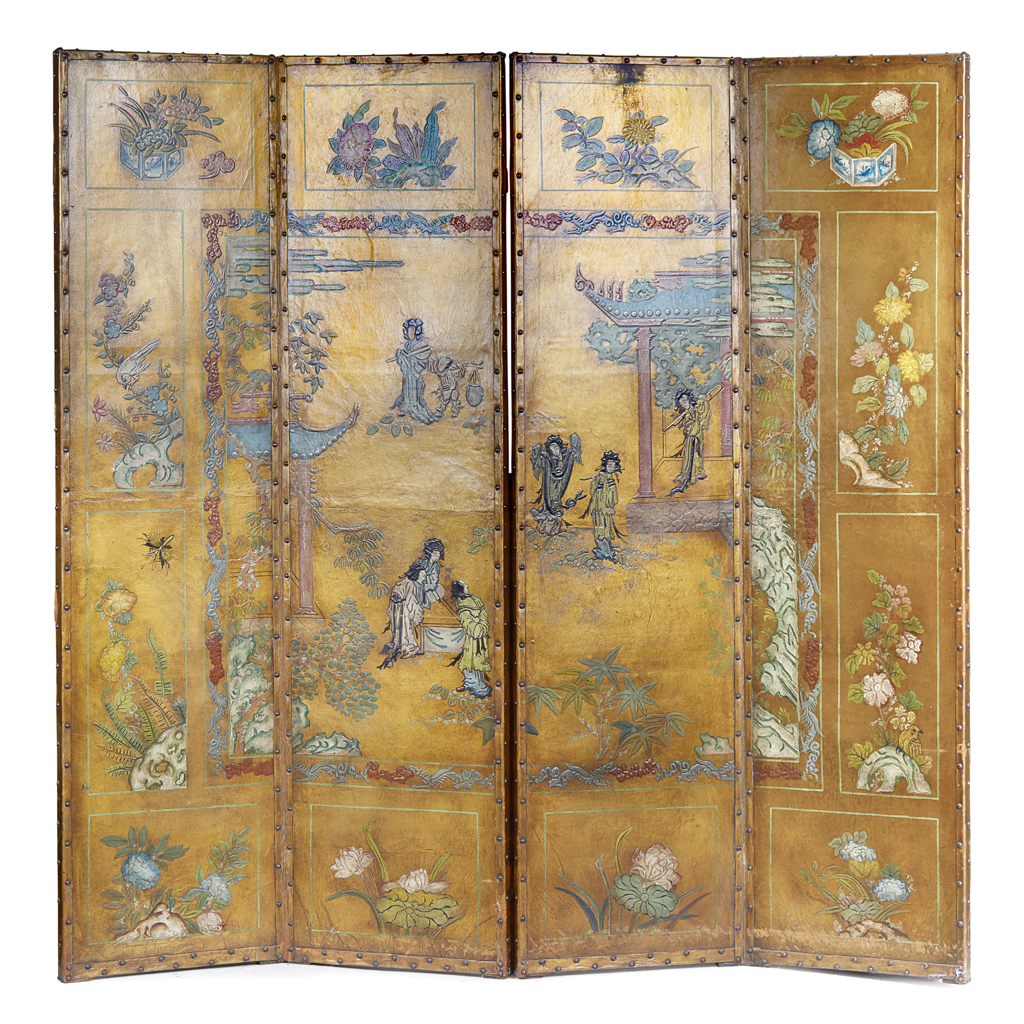 Appraisal: CONTINENTAL PAINTED LEATHER FOUR-FOLD SCREEN TH CENTURY decorated in the