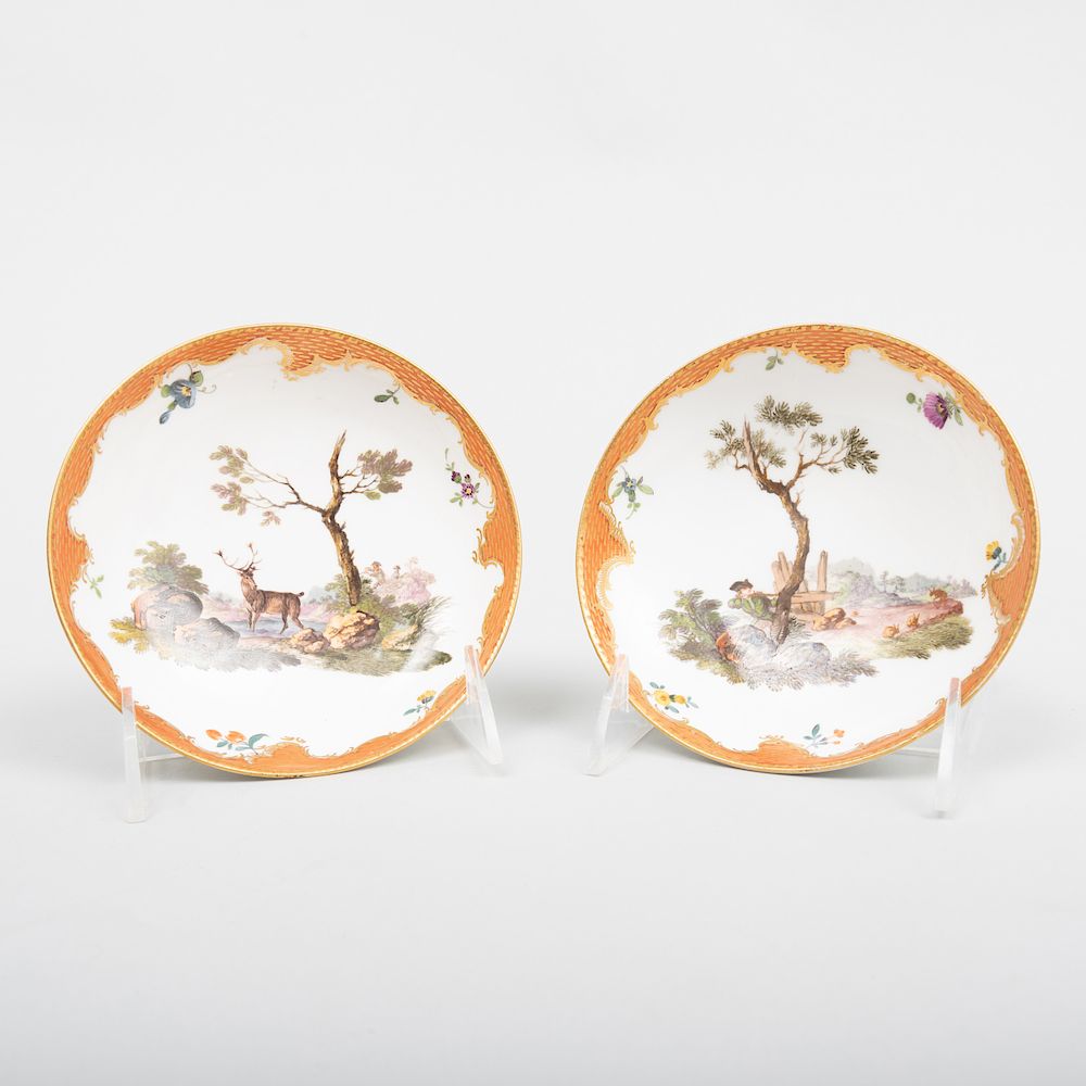 Appraisal: Pair of Meissen Porcelain Saucers with Hunting Scenes Blue crossed