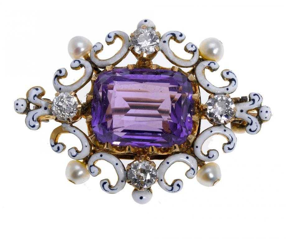 Appraisal: A VICTORIAN DIAMOND AMETHYST PEARL GOLD AND ENAMEL BROOCH IN