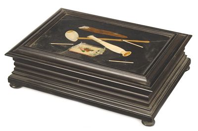 Appraisal: An Italian ebonised cigarette box the hinged cover inset a