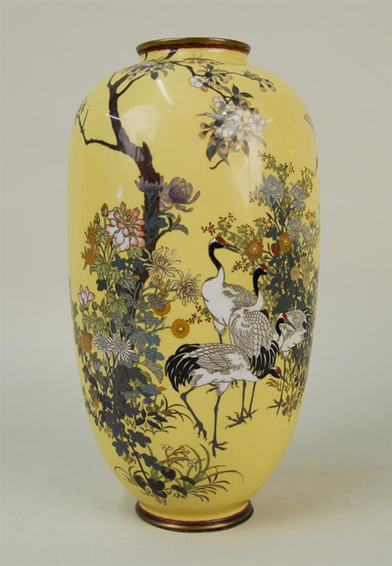 Appraisal: JAPANESE YELLOW GROUND CLOISONNE VASE decorated with cranes in flowering