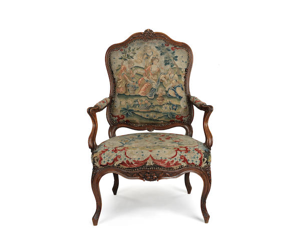 Appraisal: A Louis XV walnut fauteuil a la Reine with a