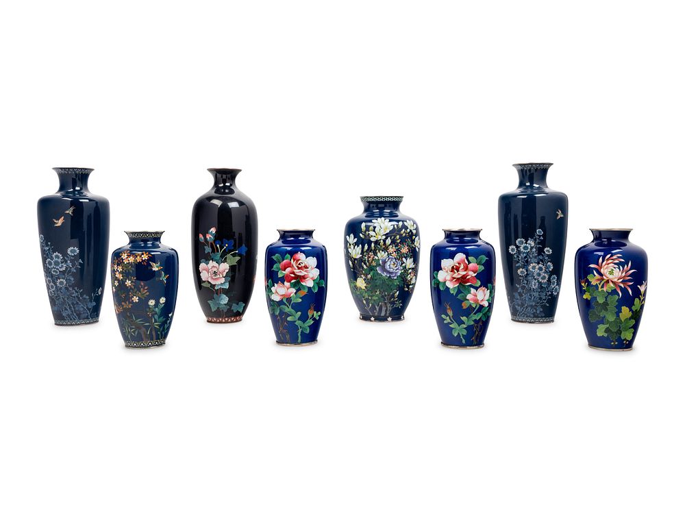 Appraisal: Eight Japanese Blue Ground Cloisonne Enamel and Embossed Foil 'Ginbari'