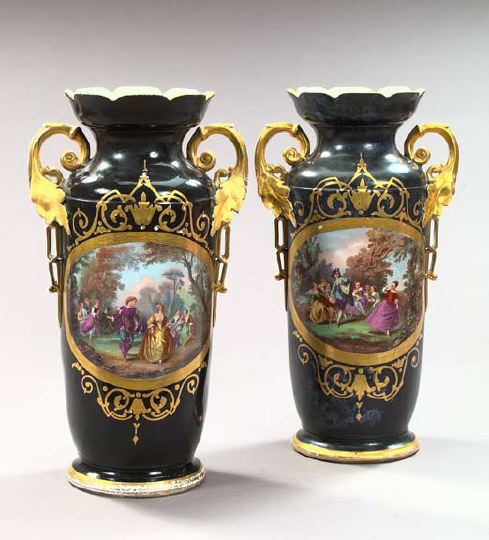 Appraisal: Monumental Pair of Franco-Bohemian Two-Handled Satin-Black Ground Garniture Vases fourth