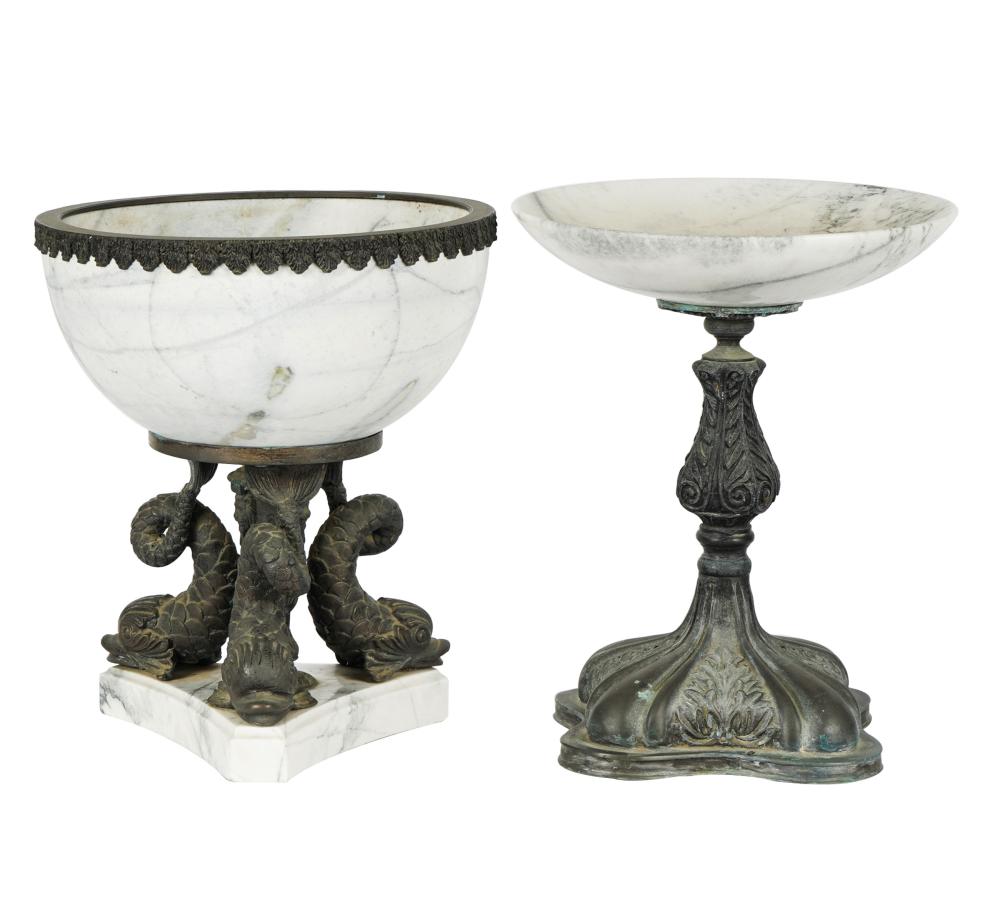 Appraisal: TWO ASSORTED MARBLE TAZZASeach with metal mounts each approximately inches