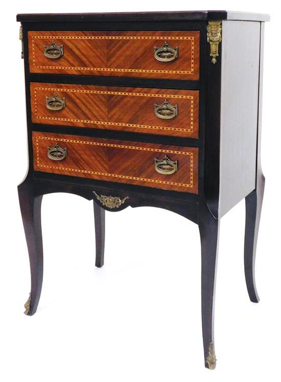 Appraisal: French style three-drawer stand c mahogany finish with inlaid banding