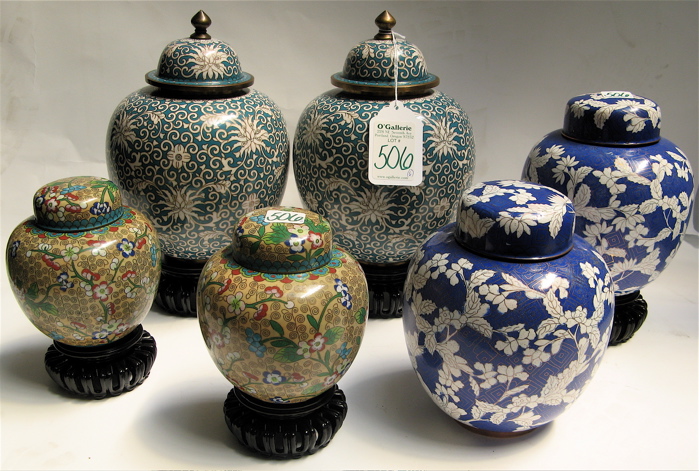 Appraisal: THREE PAIR CHINESE CLOISONNE COVERED JARS a pair of ginger