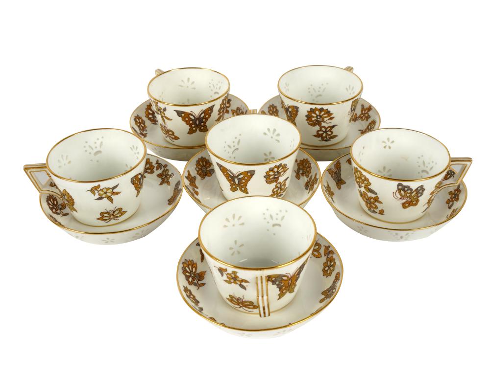 Appraisal: SIX MINTON'S CUPS SAUCERScirca - puce printed crowned globe mark