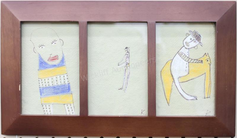 Appraisal: Signed K WC Mixed Media Abstract Figures four items including