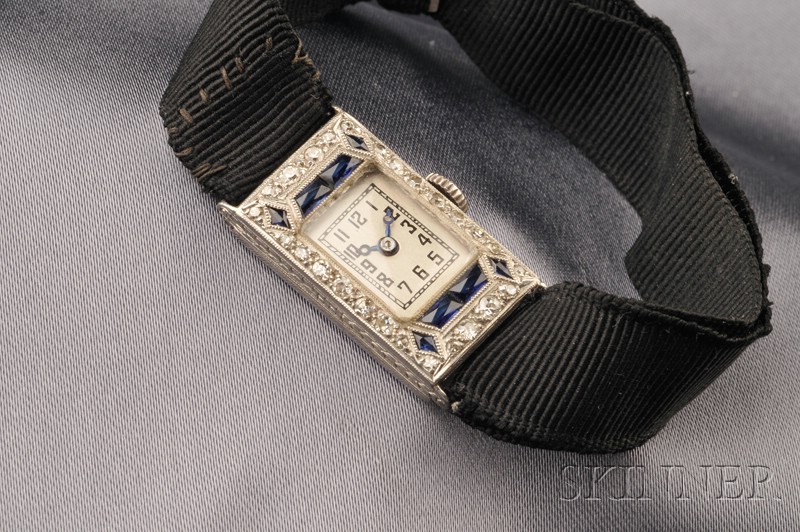 Appraisal: Art Deco Platinum and Diamond Wristwatch the silvertone metal dial