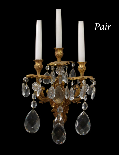 Appraisal: Large Pair of French Gilt-Bronze and Cut Glass Three-Light Appliques