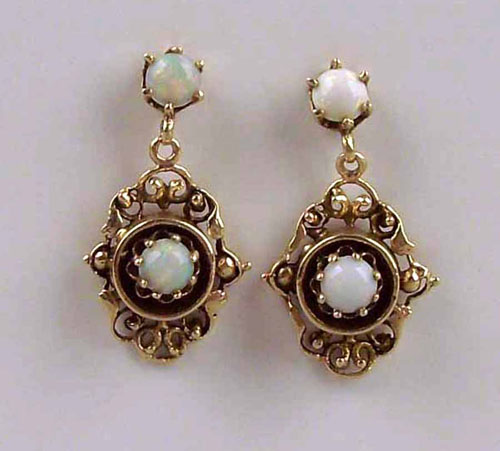 Appraisal: Opal and yellow gold drop earrings each with round opal