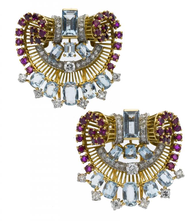 Appraisal: A PAIR OF BOUCHERON DIAMOND RUBY AND AQUAMARINE CLIPS of