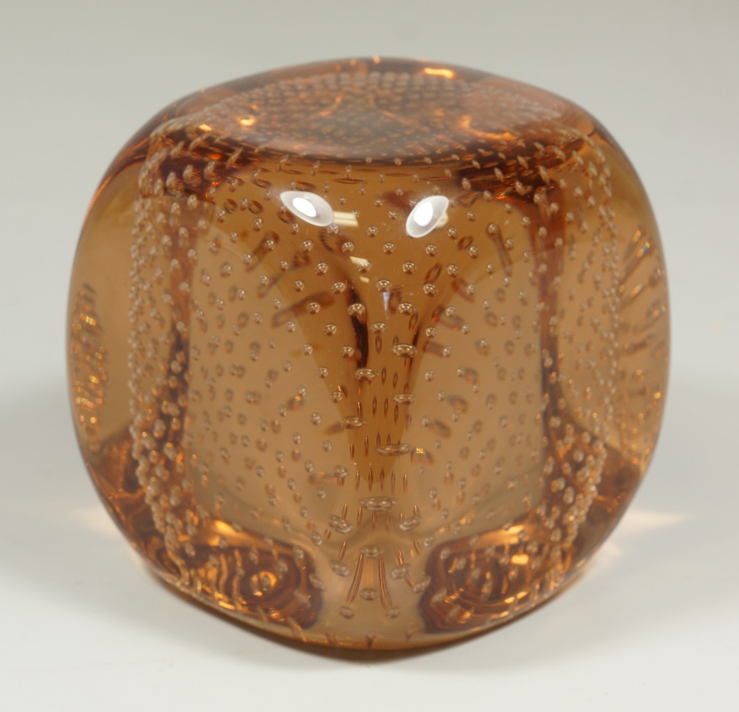 Appraisal: Amber art glass block with controlled bubble interior ground bottom