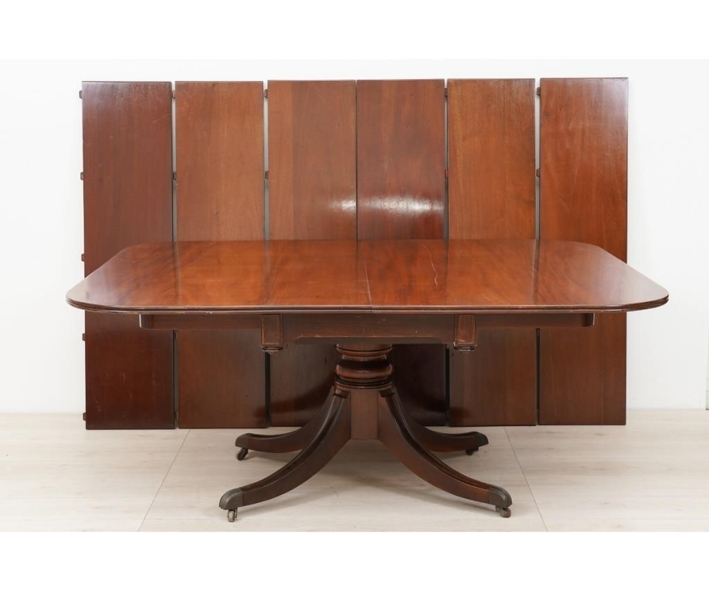 Appraisal: American mahogany single pedestal banquet table with six leaves down