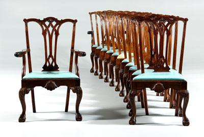 Appraisal: Chippendale style dining chairs mahogany throughout with pale blue upholstered